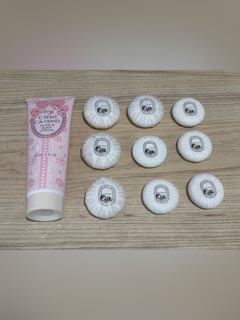 diptyque philosykos luxury body soap bars (lot of 9) & amberglow creme lotion